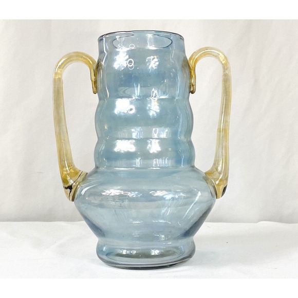 Antique Vtg Dunbar Flint Glass Vase Iridescent Two Applied Handles Blue Gold - Picture 1 of 6